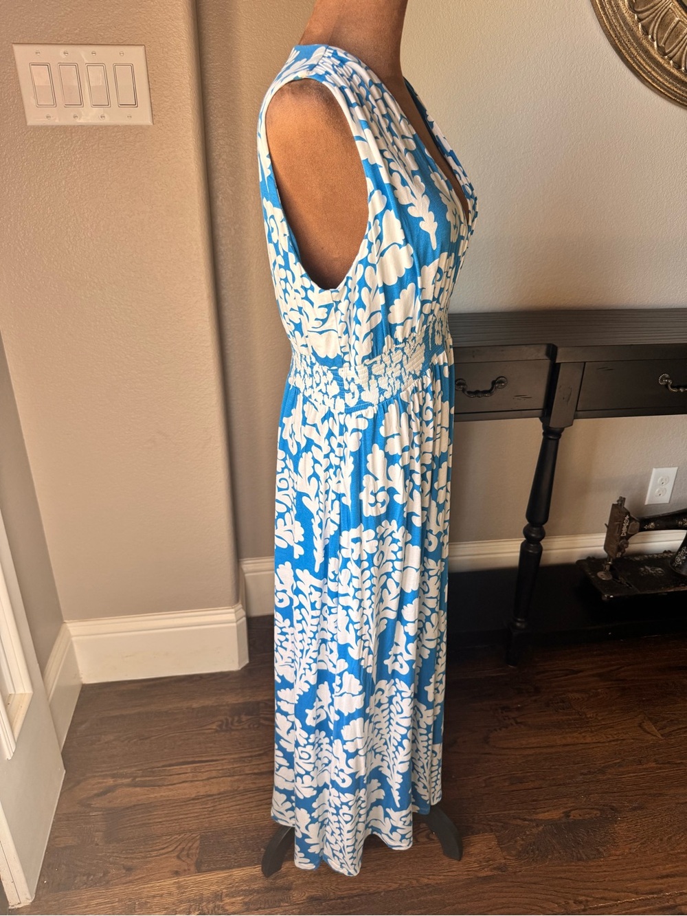 BODEN Paloma Blue & White Damask Jersey Maxi Dress | Smocked Waist | 12P Petite - Picture 7 of 10